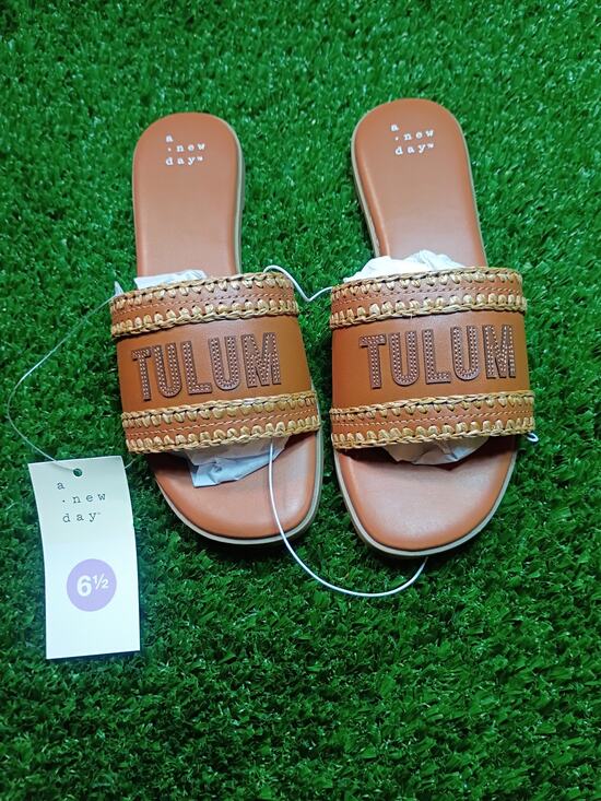 A New Day Shoes - A New Day 'Tulum' Cognac Brown Woven Slide Sandals 6.5